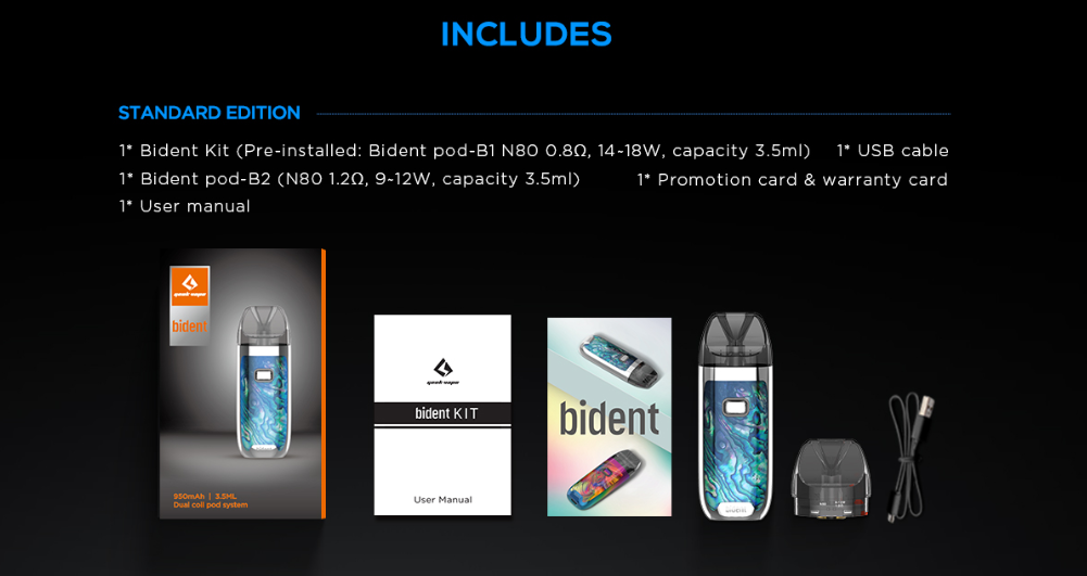 Package Included of Geekvape Bident Pod Kit